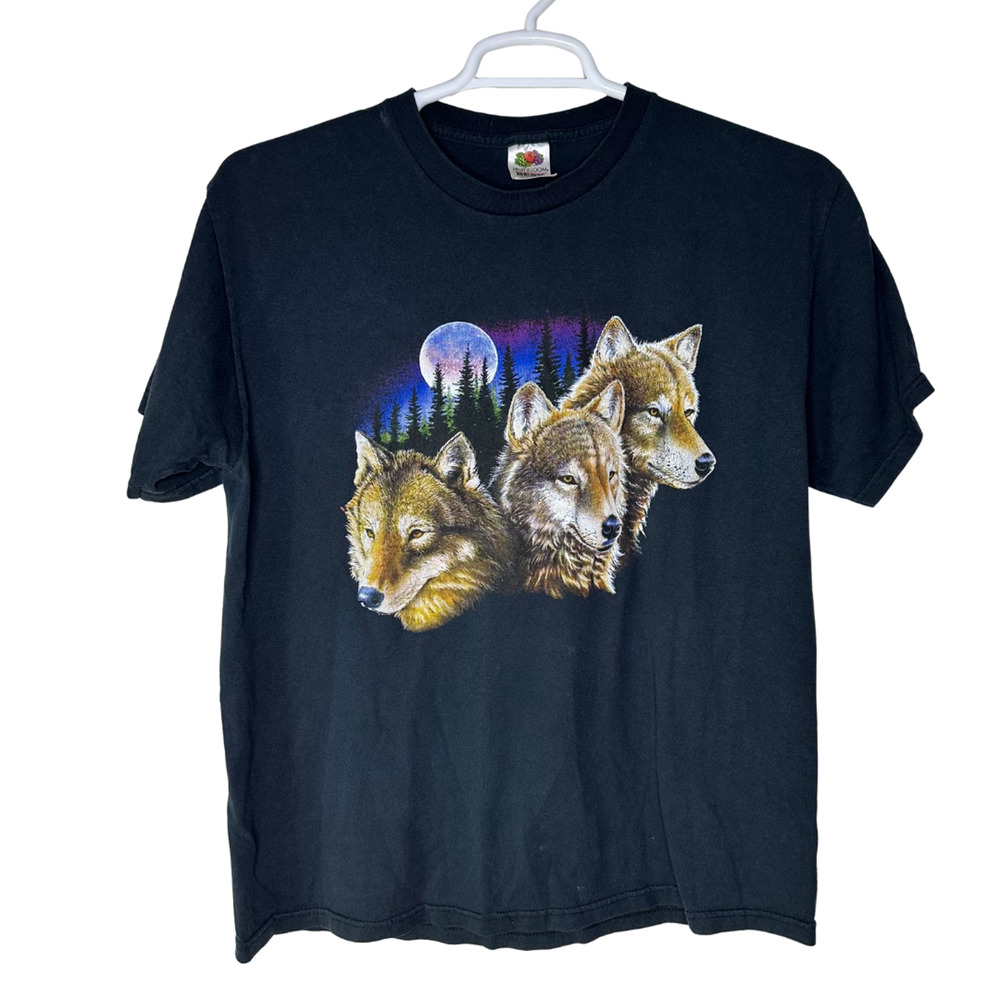 Vintage Fruit of Loom Wolf Shirt Mens Large Black Moon Nature Forest Outdoor 90s